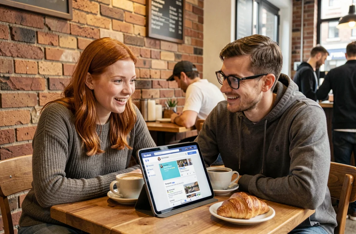 Deux amis consultant les partages de publications Facebook sur une tablette dans un café