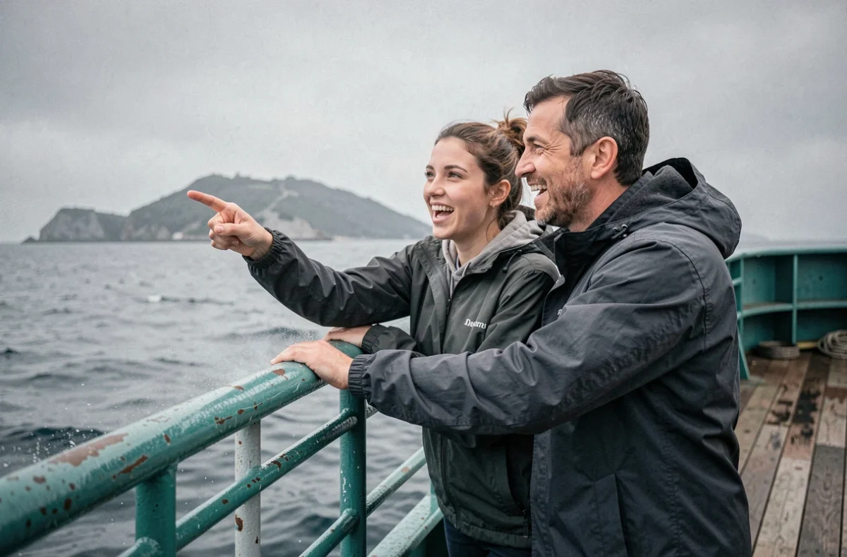 Deux amis sur le pont d'un ferry pointant vers une île lointaine lors d'une traversée maritime en escapade