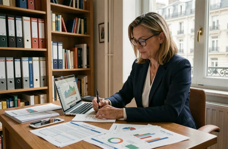 Professionnelle analysant les tendances du marché immobilier français sur des rapports imprimés et un ordinateur portable dans un bureau à domicile parisien