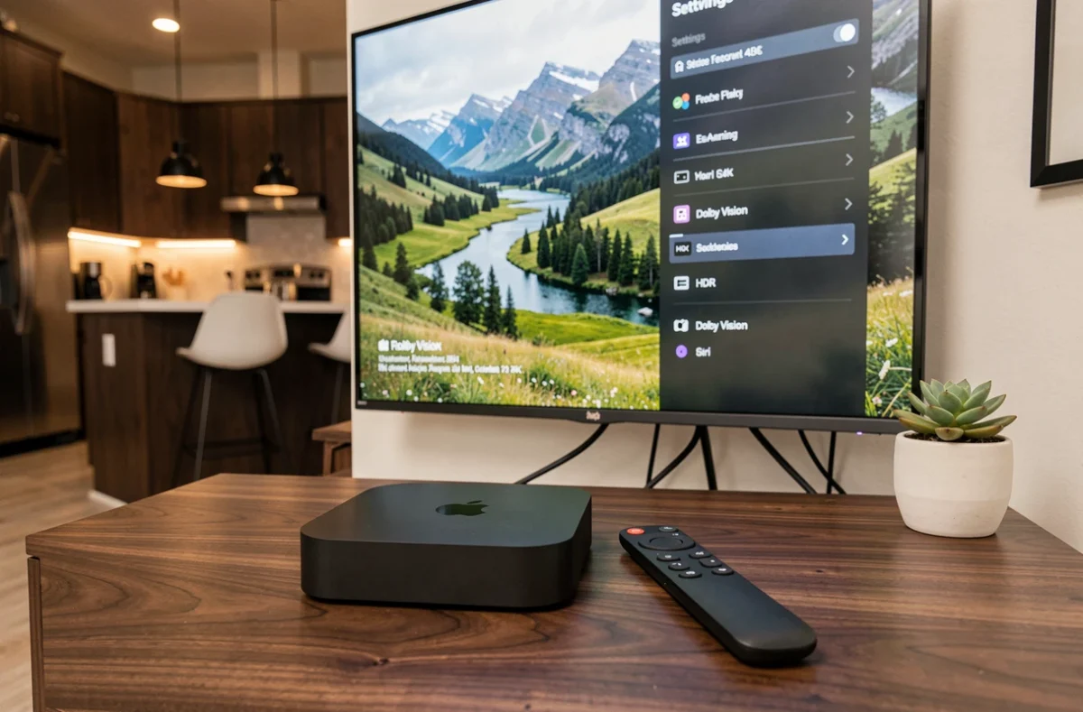 Apple TV 4K posée devant un téléviseur OLED 4K affichant les options HDR et Dolby Vision dans les paramètres