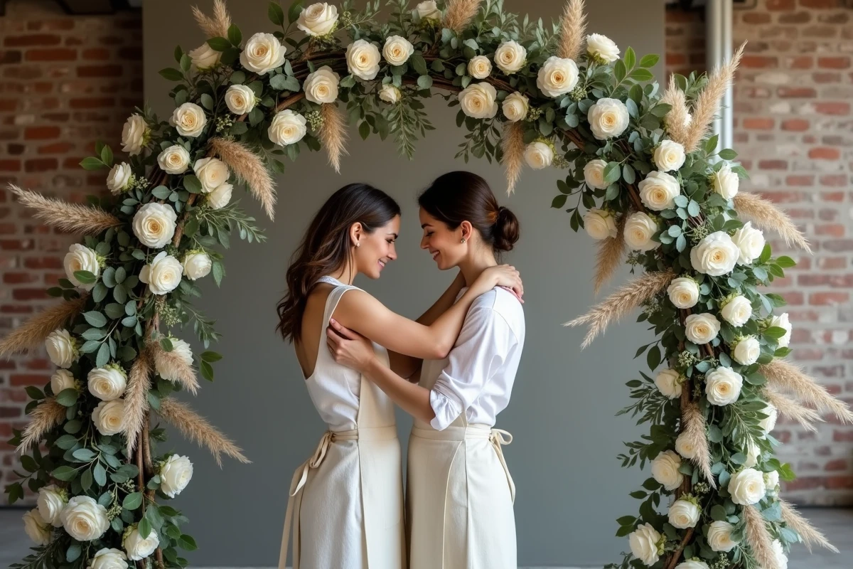 Arche florale de mariage en bois et roses blanches installée dans un loft industriel par une fleuriste