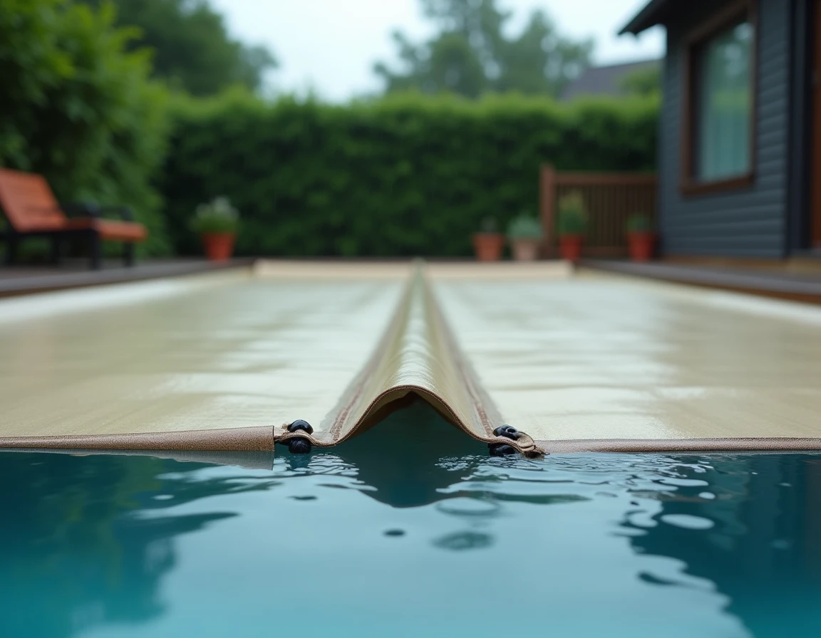 Gros plan sur une couverture de protection de piscine avec accumulation d'eau de pluie en surface et système d'ancrage visible
