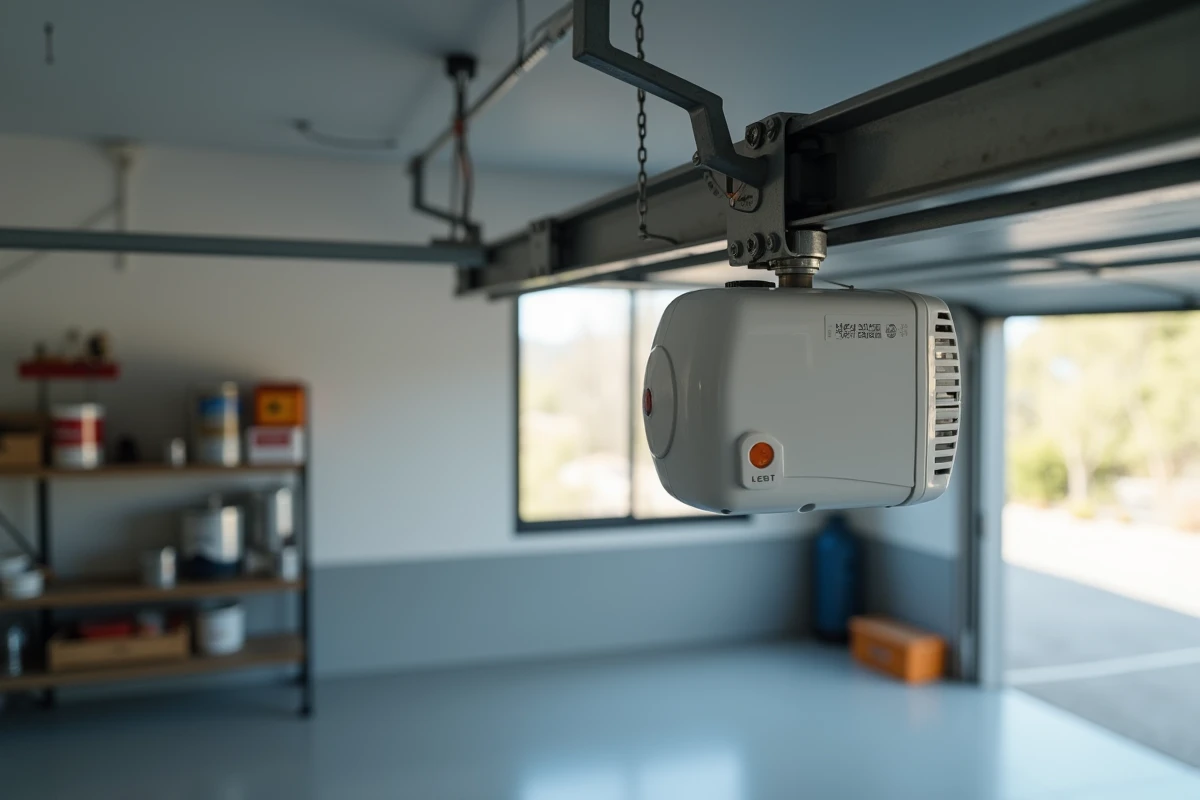 Gros plan sur le bouton de réinitialisation du moteur électrique d'une porte de garage La Toulousaine fixé au plafond