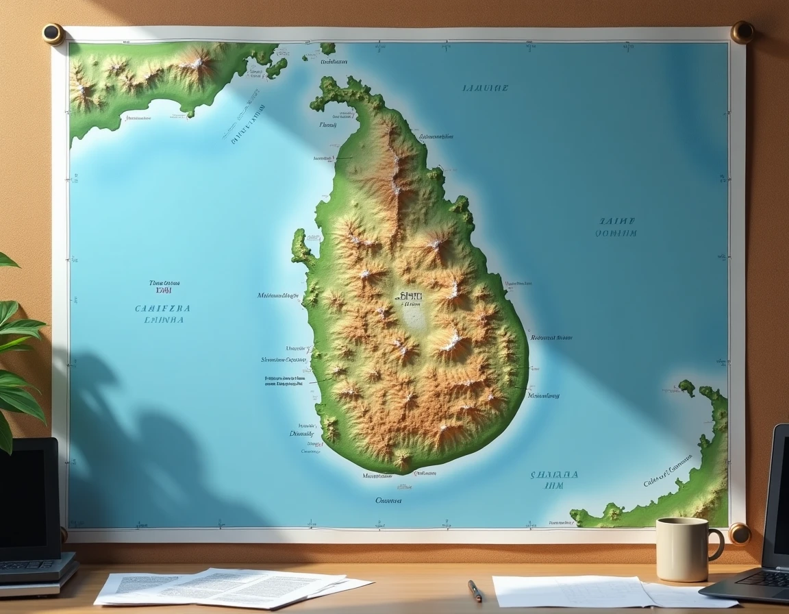 Carte topographique en relief du Sri Lanka affichée sur un tableau en liège avec annotations manuscrites des villes principales