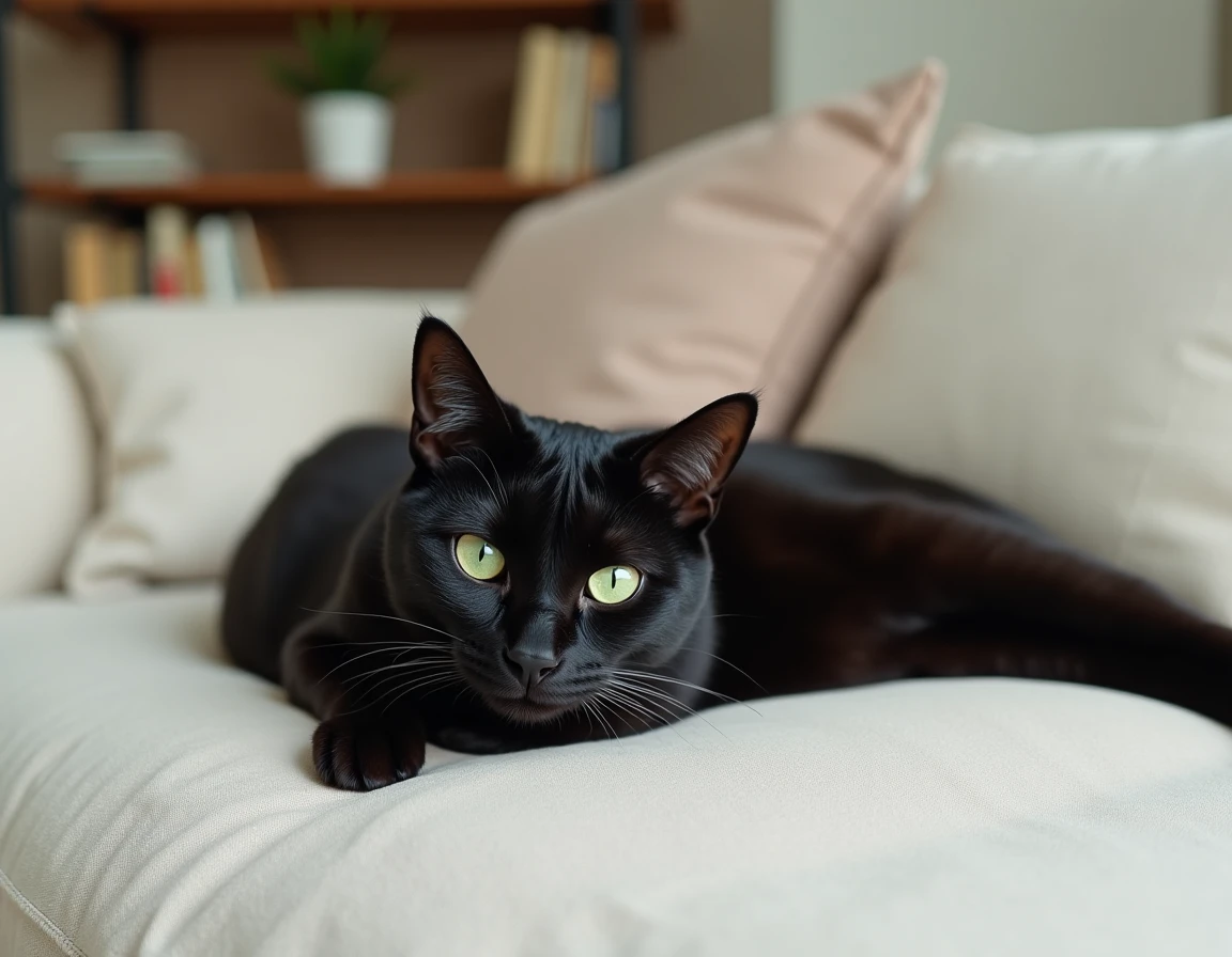 Chat noir aux yeux verts allongé sur un canapé en lin crème dans un salon scandinave épuré, ambiance domestique authentique