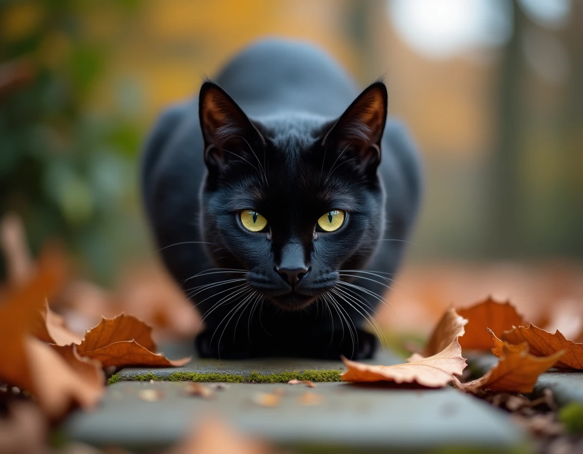 Chat noir aux yeux verts tapi parmi les feuilles d'automne dans un jardin, portrait environnemental mettant en scène son pelage sombre et son regard vert perçant