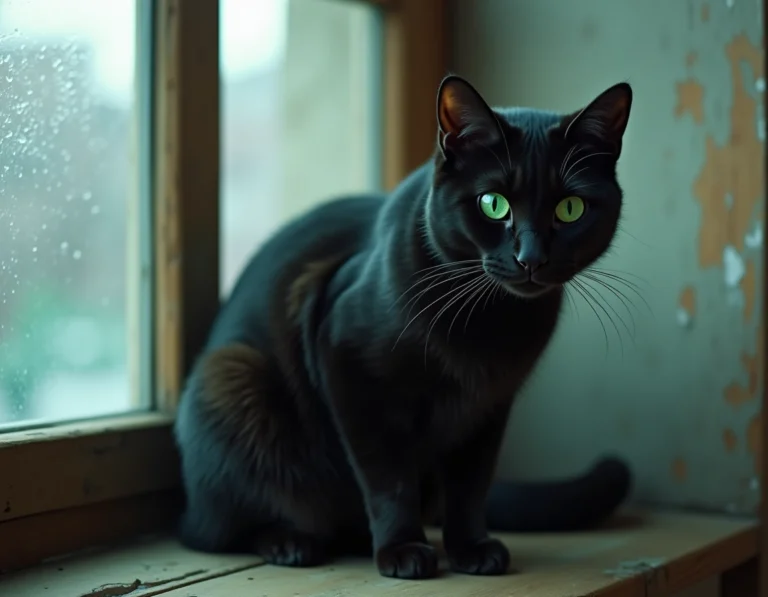 Chat noir aux yeux verts assis sur un rebord de fenêtre, portrait rapproché mettant en valeur son pelage brillant et ses iris émeraude