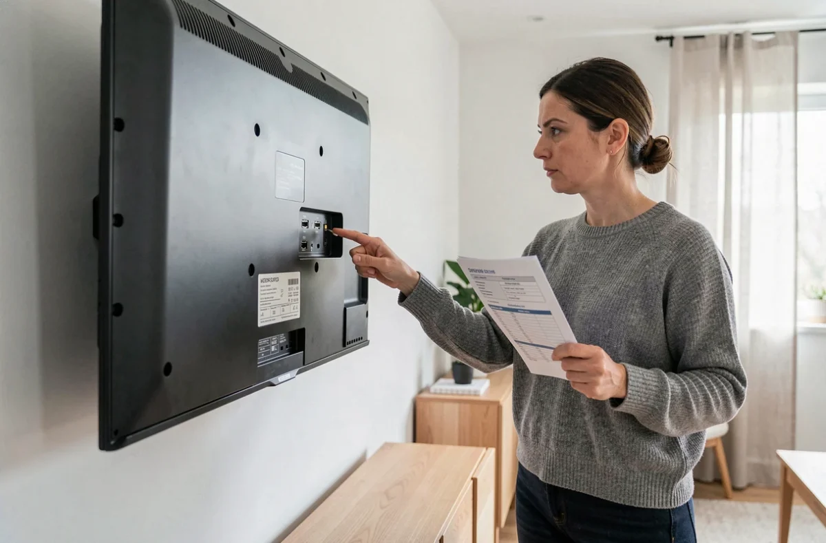 Femme examinant les ports HDMI d'un téléviseur pour vérifier la compatibilité avec l'Apple TV 4K