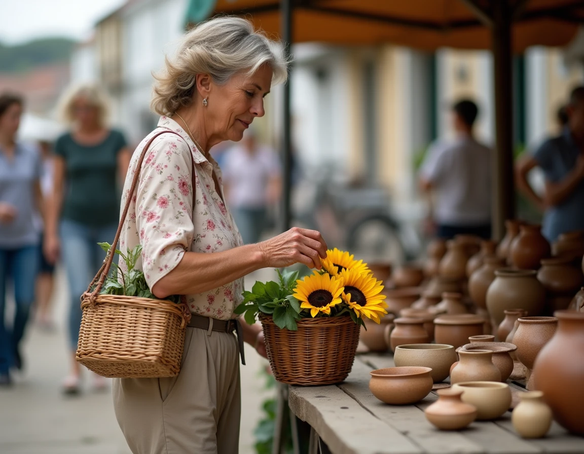 Femme choisissant de la poterie artisanale au marché de Fort Mahon plage avec panier en osier rempli de légumes frais