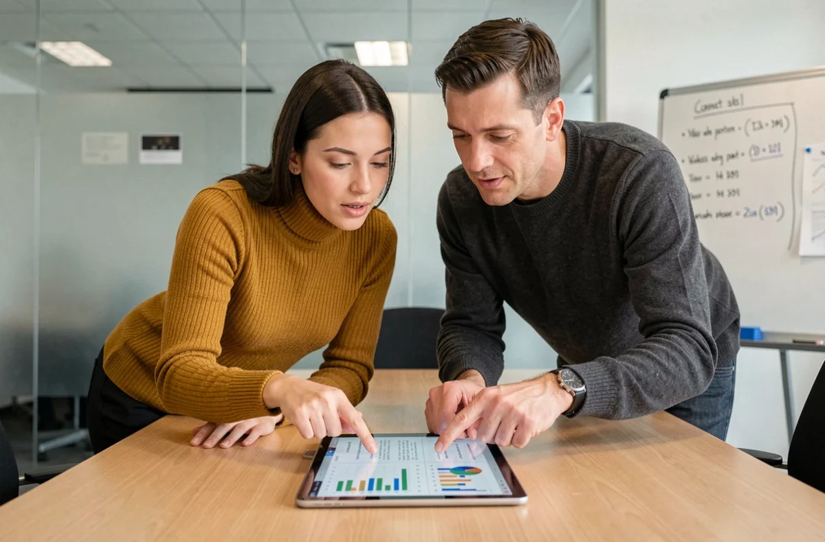 Deux collègues collaborant sur des recherches d'informations financières en ligne sur une tablette en salle de réunion
