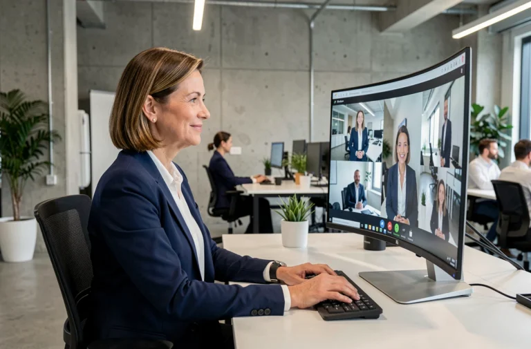 Femme professionnelle en réunion vidéo dans un bureau moderne pour une communication d'entreprise digitale