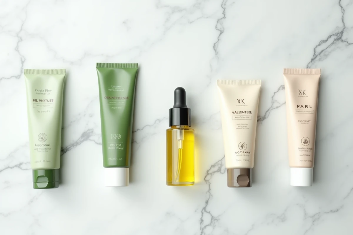 Comparaison de produits cosmétiques naturels de marques concurrentes alignés sur marbre blanc