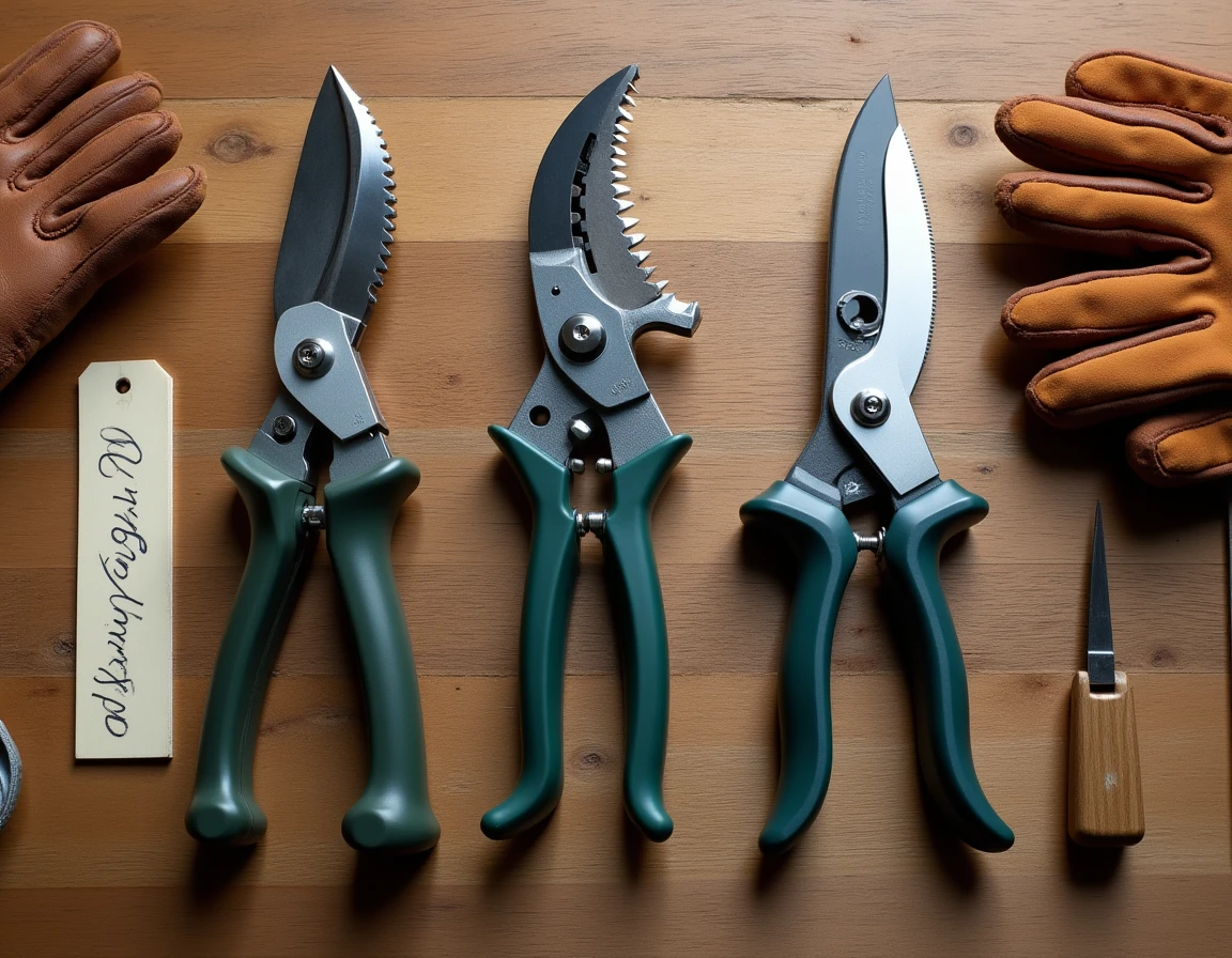 Comparaison de trois types d'élagueuses posées sur un établi en bois avec des gants de jardinage