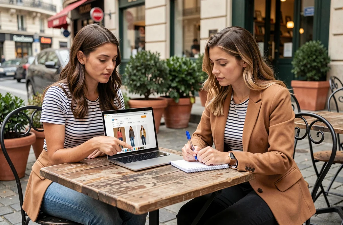 Deux femmes comparant des tendances de shopping mode en ligne sur un ordinateur portable dans un café en terrasse à l'ambiance parisienne