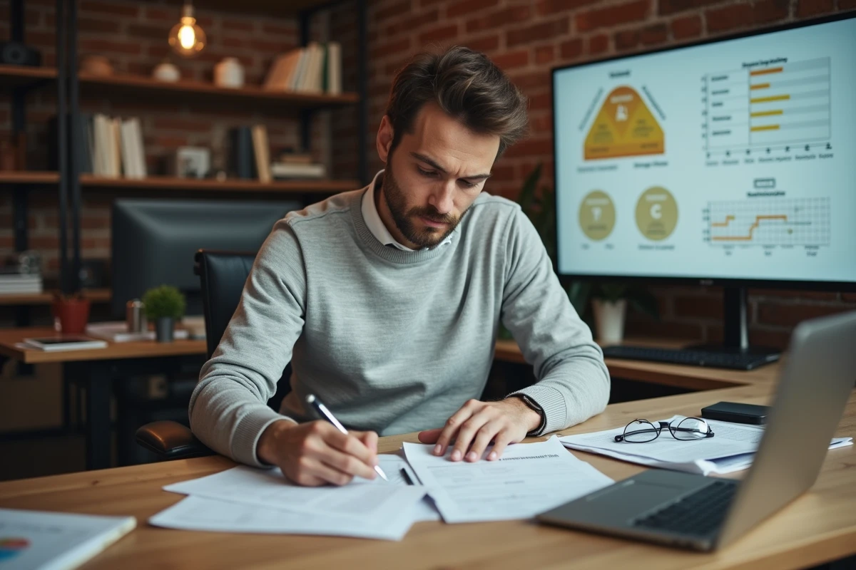 Consultant en ressources humaines analysant des documents stratégiques dans un espace de coworking