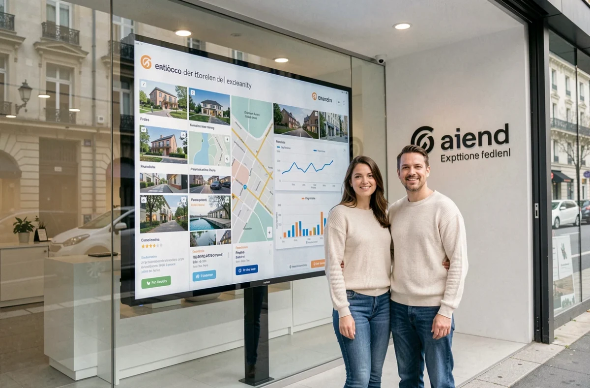 Couple consultant une carte interactive des prix de l'immobilier dans une agence immobilière moderne à Lyon
