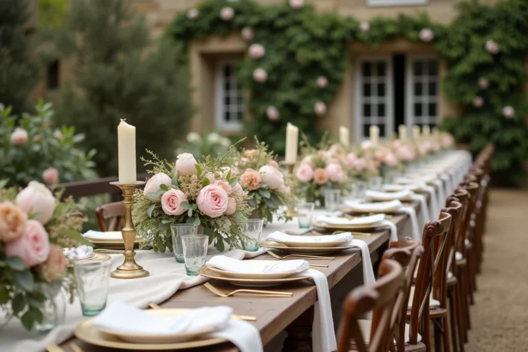 Table de mariage décorée de pivoines roses et de bougies dorées dans un jardin de campagne française