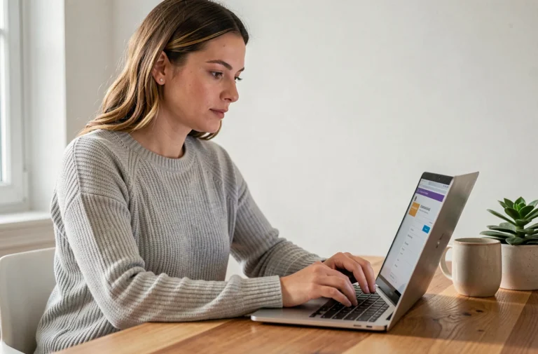 Femme remplissant une demande de carte de crédit en ligne sur un ordinateur portable dans un bureau à domicile