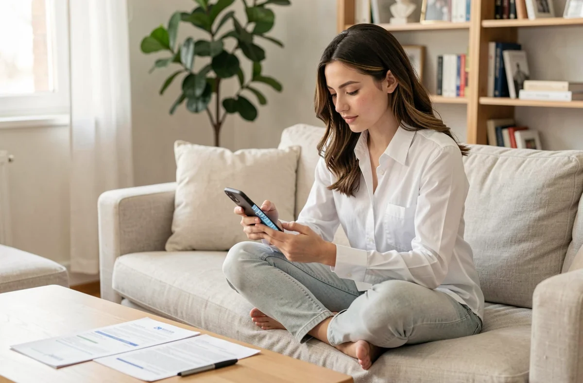 Jeune femme effectuant une demande de carte de crédit en ligne sur smartphone depuis son salon