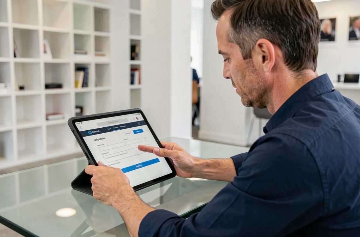 Homme complétant une demande de carte de crédit en ligne sur une tablette dans un espace professionnel moderne