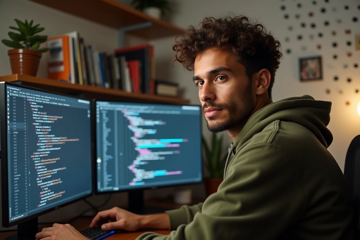 Développeur web indépendant travaillant sur du code HTML CSS avec une prévisualisation de site moderne sur double écran dans un bureau à domicile