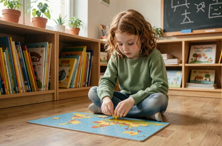 Jeune fille concentrée assemblant un puzzle éducatif en bois représentant une carte du monde dans une salle de classe chaleureuse