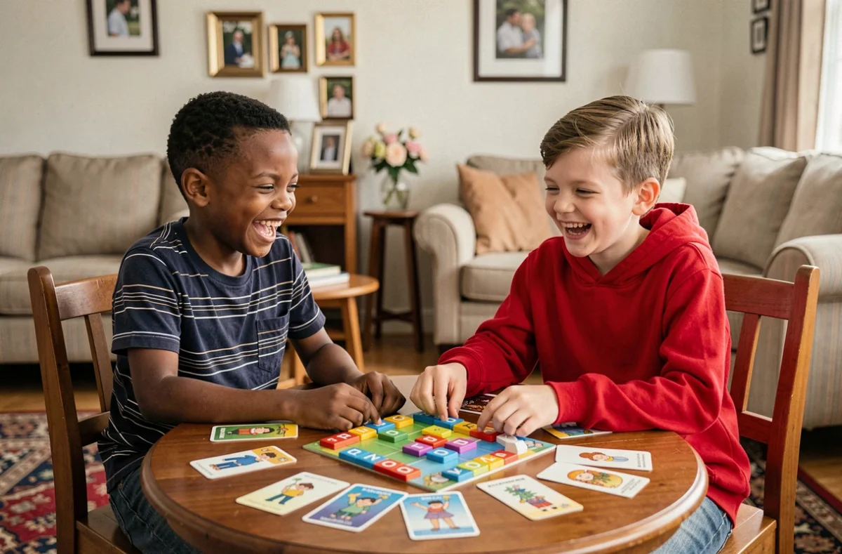Deux garçons jouant ensemble à un jeu de société éducatif avec des lettres et des cartes illustrées à la maison