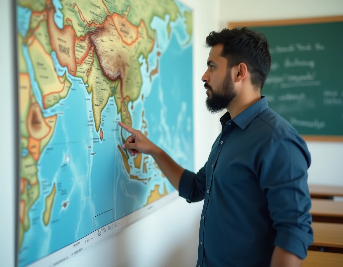 Enseignant pointant le Sri Lanka sur une carte murale de l'Asie dans une salle de classe universitaire moderne