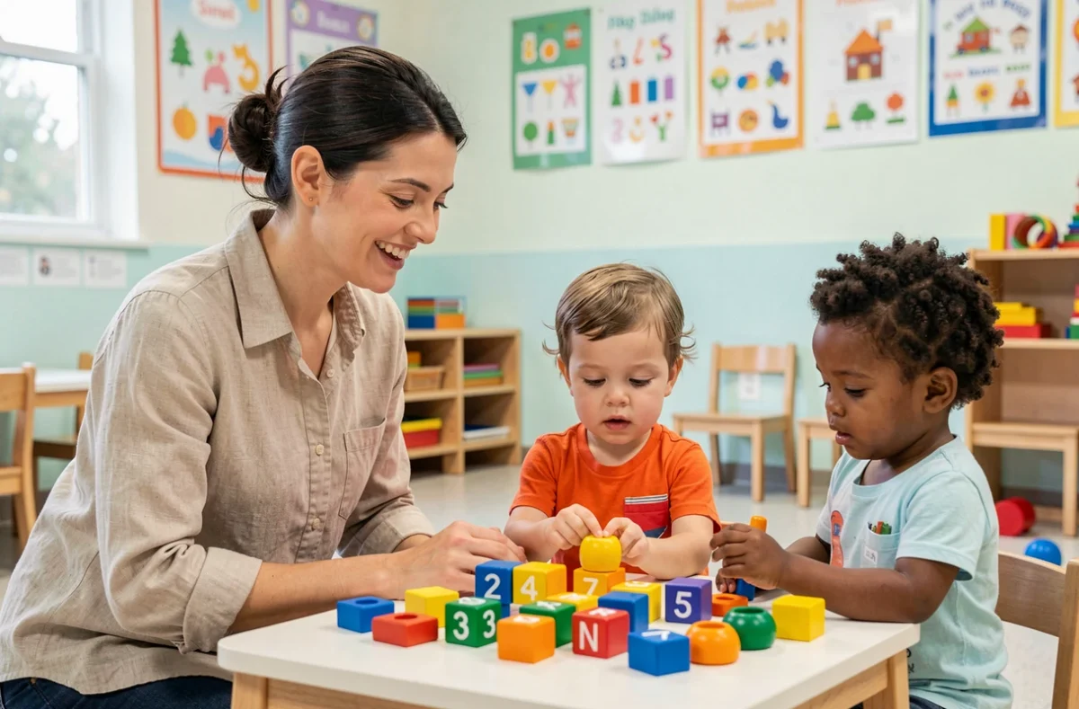 Une enseignante souriante aidant un groupe de jeunes enfants à explorer des jouets éducatifs dans une classe de maternelle colorée