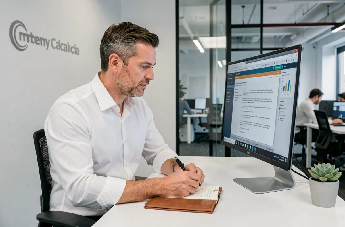Entrepreneur concentré consultant une proposition de services pour accélérer la réussite et la croissance de son entreprise