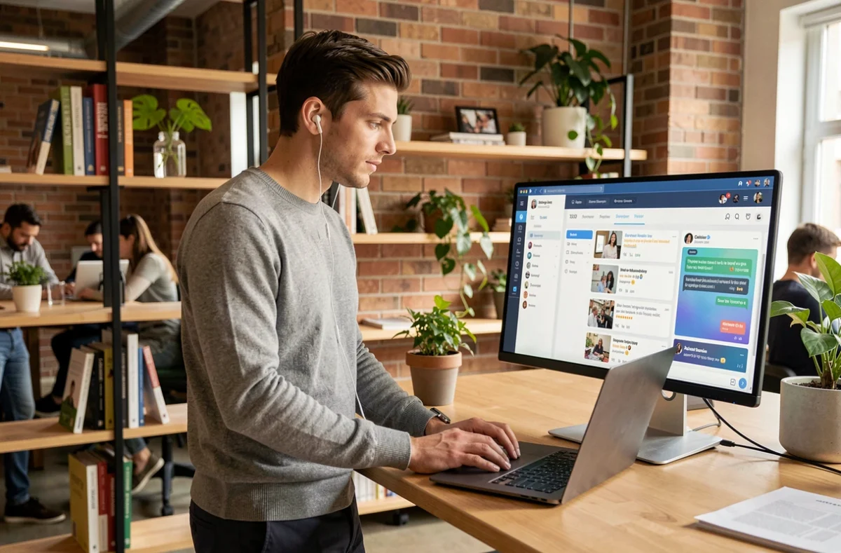 Entrepreneur utilisant des solutions digitales de communication depuis un espace de co-working moderne