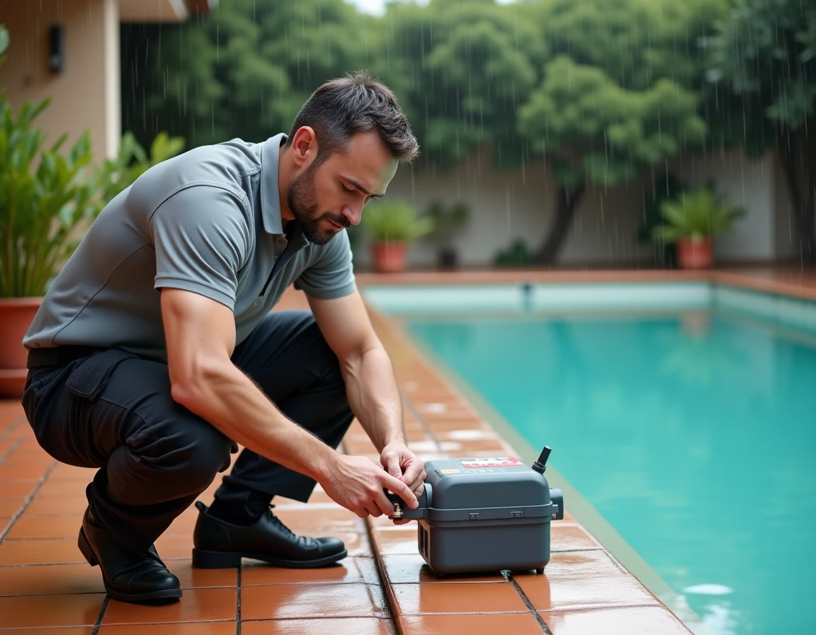 Homme ajustant un système de traitement chimique de piscine après une pluie, sur une terrasse en carrelage terracotta