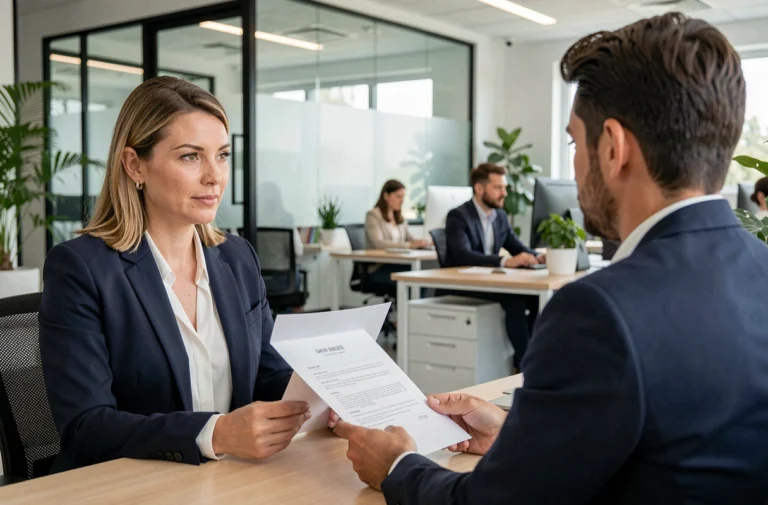 Responsable RH en entretien de recrutement avec un candidat dans un bureau moderne et lumineux