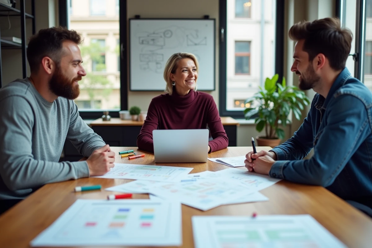 Équipe créative d'une agence web collaborant autour de plans UX et d'un dashboard de refonte de site web en salle de réunion