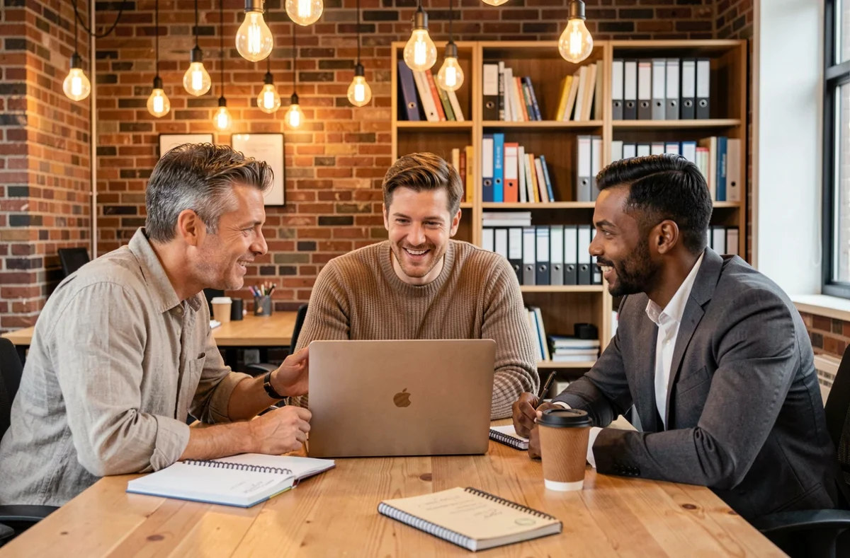 Équipe professionnelle diversifiée collaborant autour d'une stratégie de développement d'entreprise dans un espace de coworking