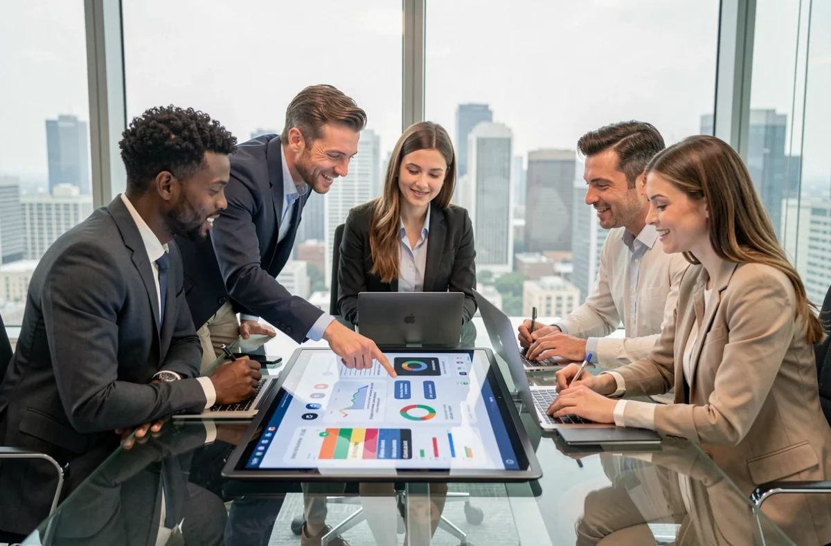 Équipe professionnelle utilisant des outils digitaux innovants lors d'une réunion collaborative en entreprise