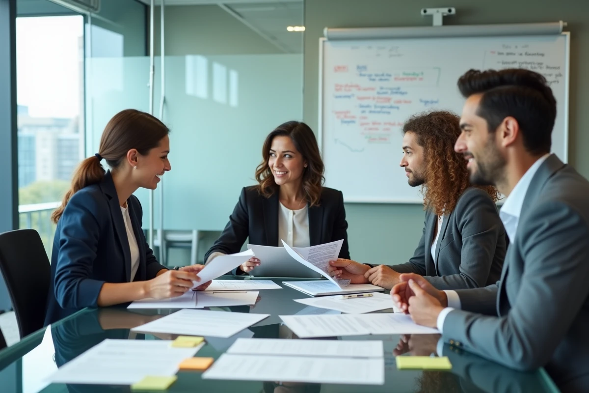 Équipe de managers en réunion stratégique autour d'une table de conférence dans une entreprise moderne