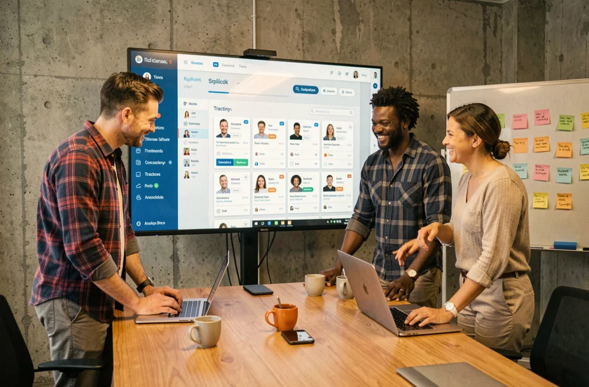 Équipe RH analysant des profils de candidats sur un tableau de bord de recrutement numérique