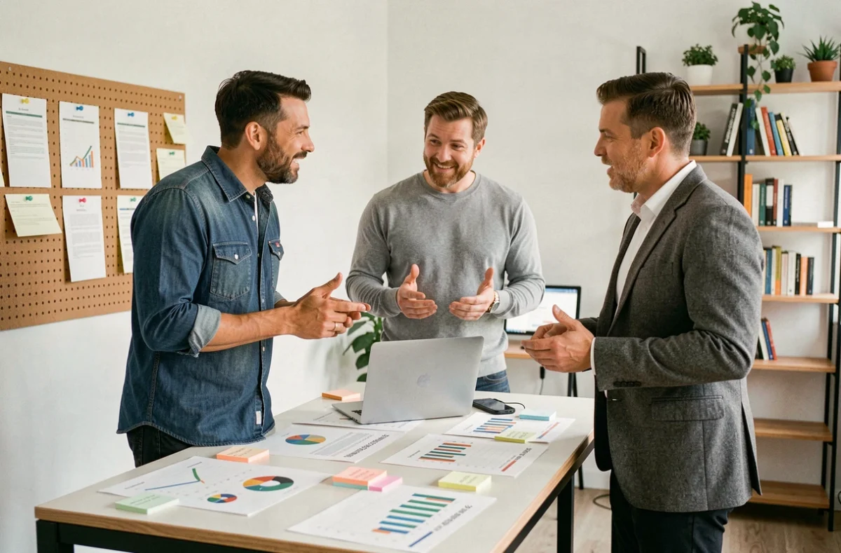 Équipe de professionnels discutant d'une stratégie de commerce en ligne autour d'une table de réunion dans un bureau startup