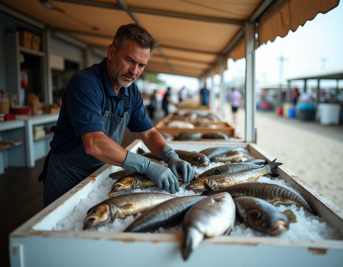Étal de fruits de mer au marché de Fort Mahon plage avec huîtres, moules et poissons frais présentés sur glace pilée par un poissonnier