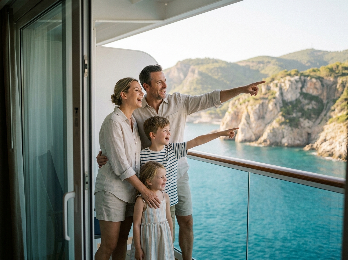 Famille souriante sur le balcon du bateau en croisiere