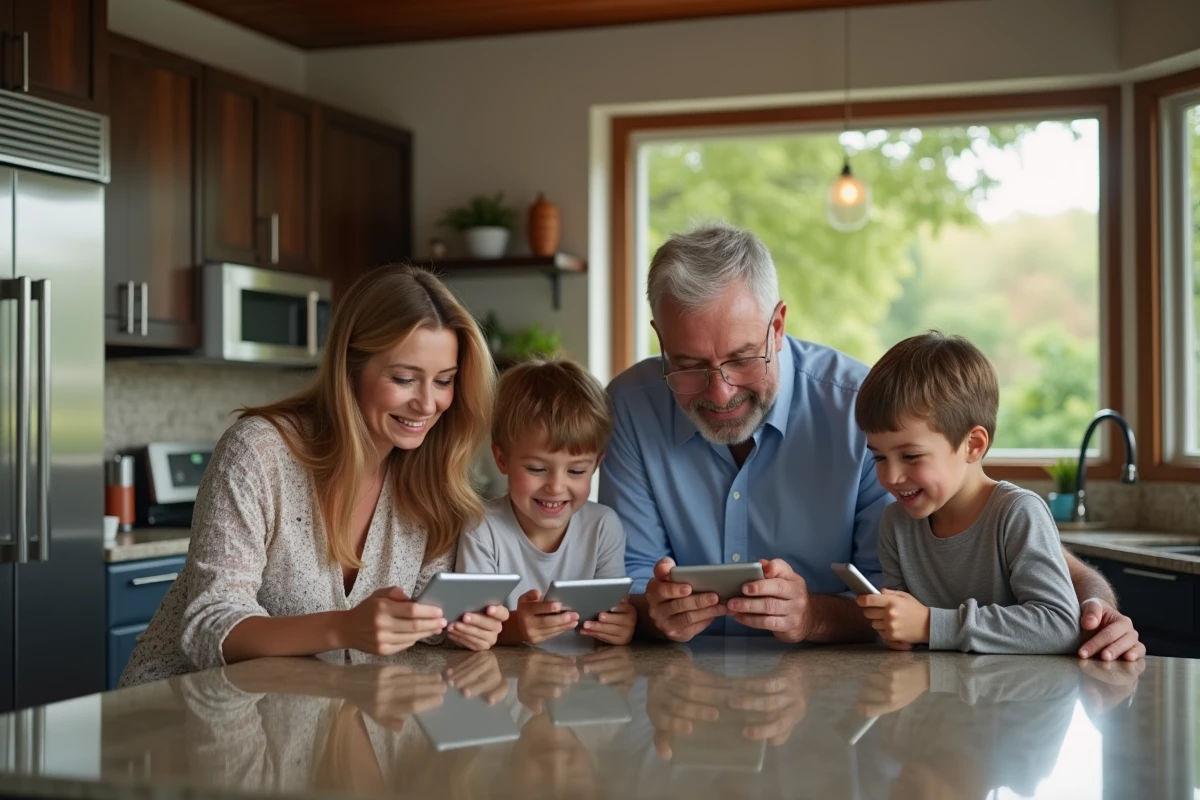 Famille multigenerational discutant autour de la cuisine