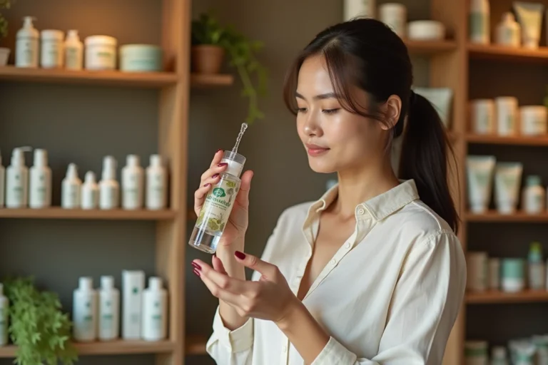 Femme découvrant des produits de beauté naturels en magasin, comparant des marques concurrentes d'Yves Rocher