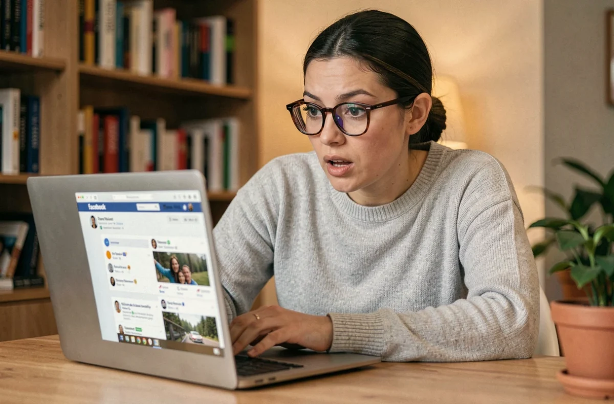 Femme consultant qui a partagé ses publications Facebook sur un ordinateur portable dans un bureau à domicile
