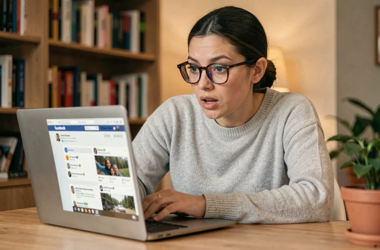 Femme consultant qui a partagé ses publications Facebook sur un ordinateur portable dans un bureau à domicile