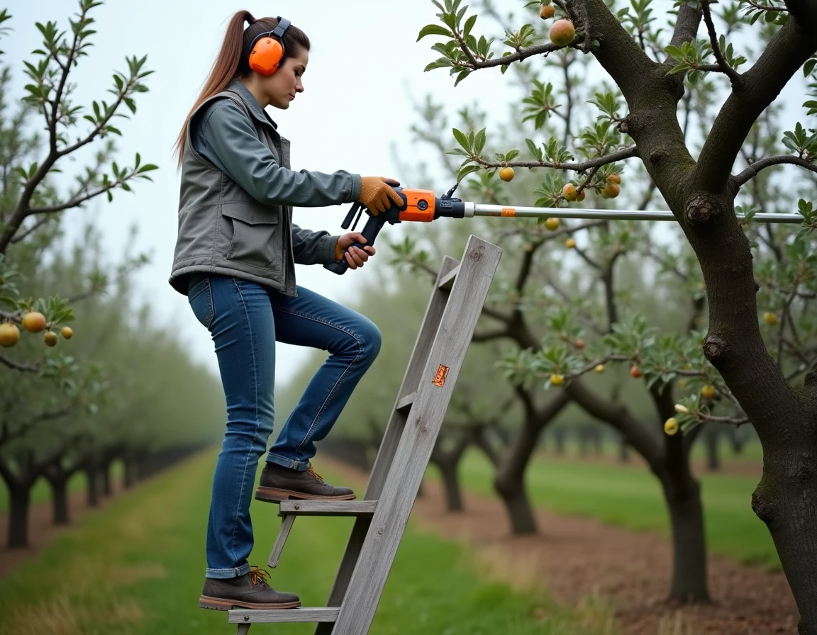 Femme sur une échelle utilisant un élagueur télescopique pour couper les branches hautes d'un pommier