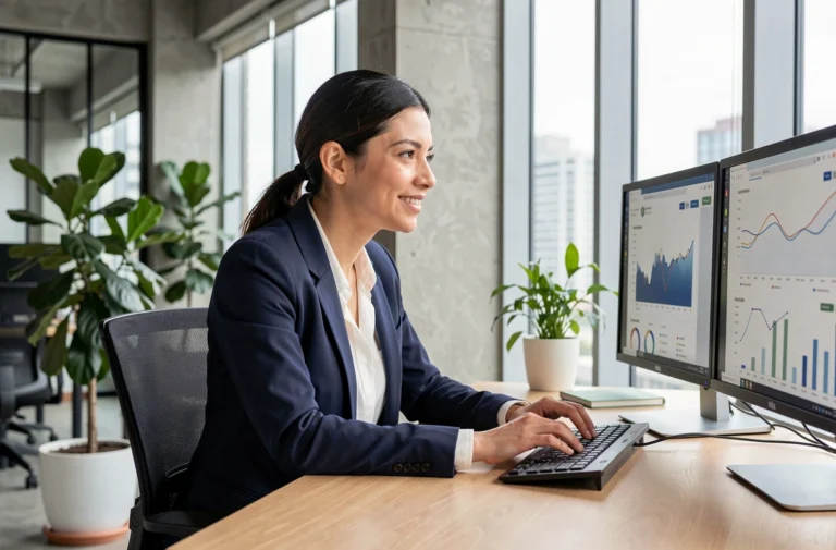 Femme entrepreneur analysant des données e-commerce sur un double écran dans un espace de coworking moderne