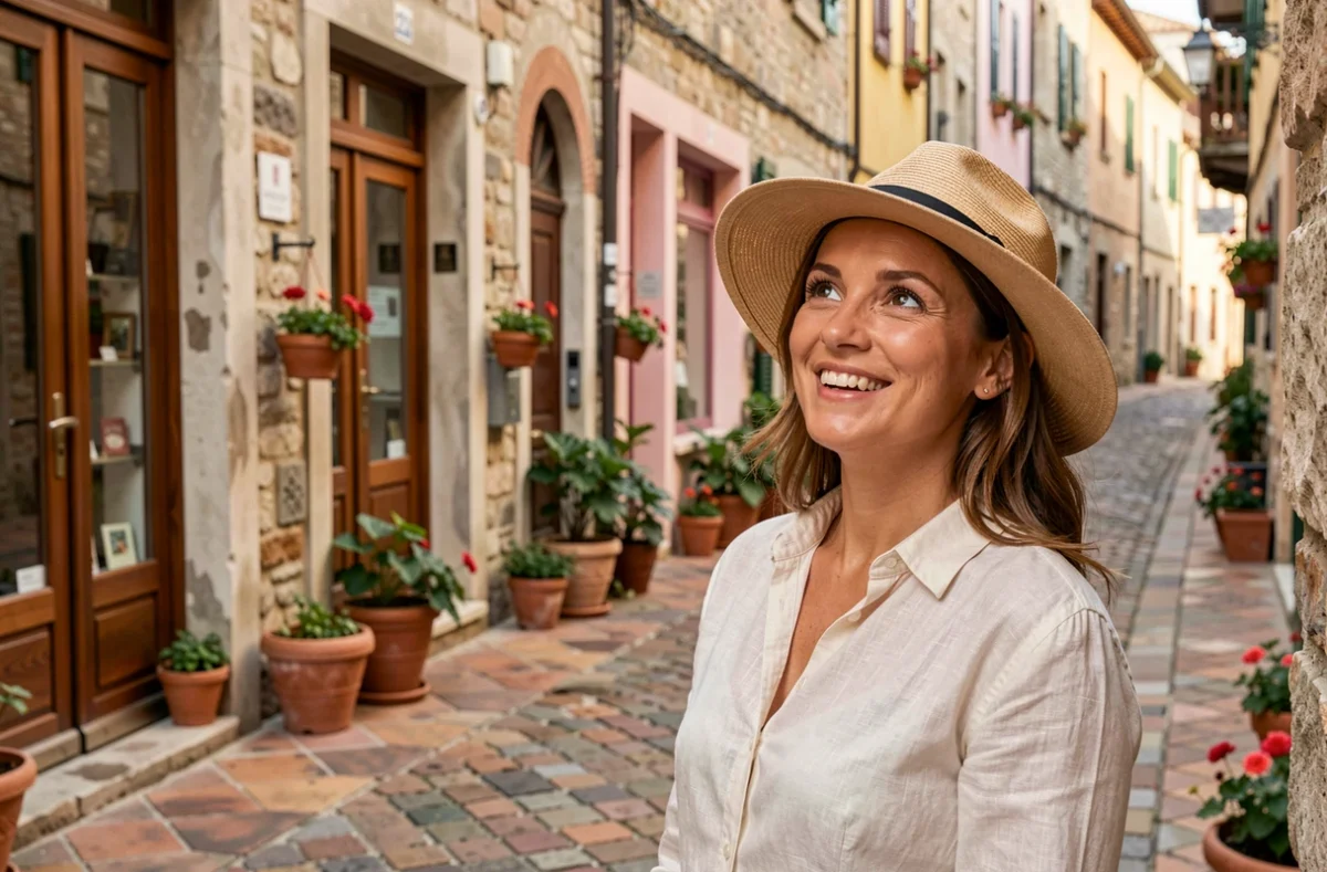 Femme en chapeau de paille explorant une ruelle pittoresque d'un village européen lors d'une escapade de découverte