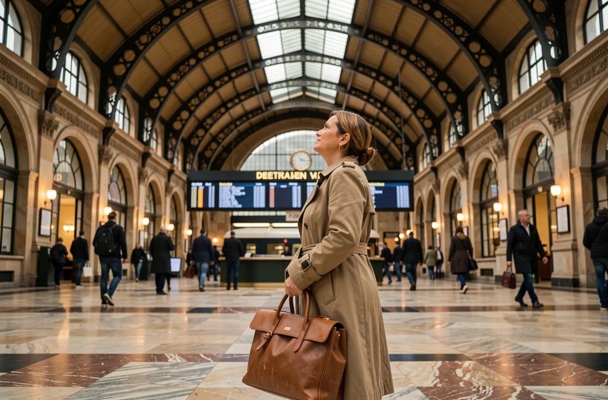 Femme en imperméable consultant le tableau des départs dans une grande gare historique avant une escapade en train