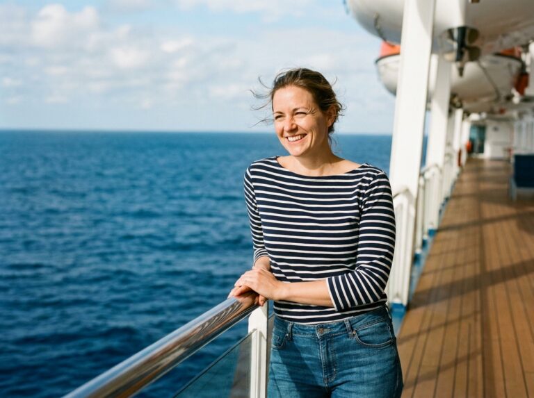 Jeune femme souriante en croisière regardant la mer